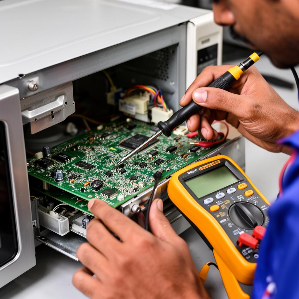 Technician diagnosing microwave control board with multimeter