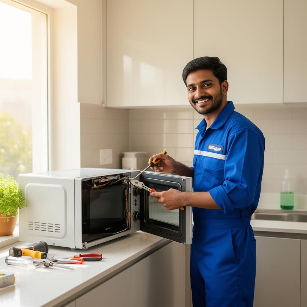 Certified Sri Bhavani technician repairing a microwave at a Bangalore home